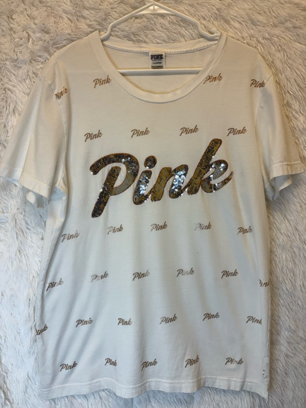 2 PINK Victoria's Secret Sequined White T-Shirts | Size Large 🩶 - Picture 15 of 17